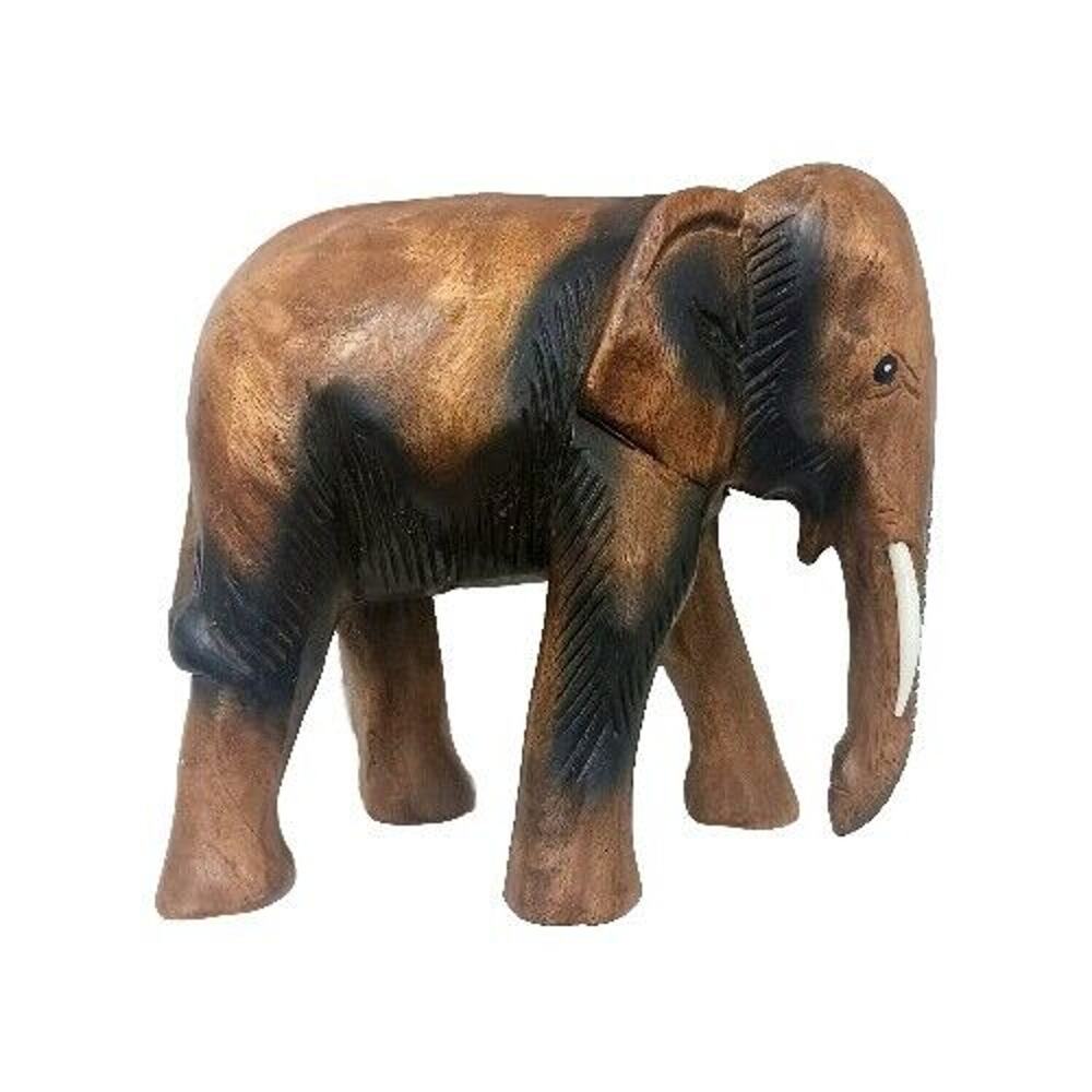 Wood Elephant Hand Carved Solid Teakwood 9” Brown Cute Eyes Tusk Decor